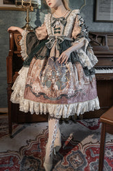 Robe OP Lolita Classique à Manches Hime Rétro Multicolores avec Imprimé de Daim Sacré